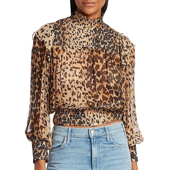 Free People | Brown Leopard Print Roma Blouse Cropped Sheer Crinkle  S - Picture 1 of 7